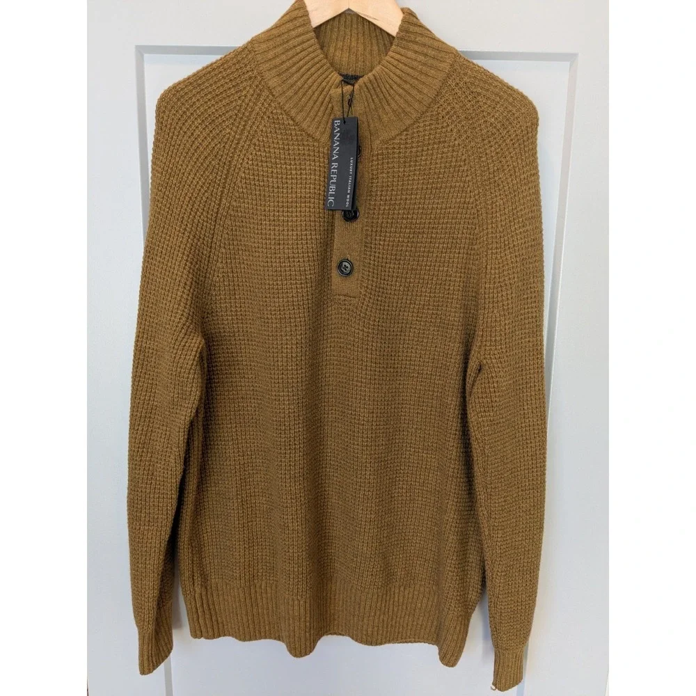 NWT $109 Banana Republic Men's Luxury Italian Wool Button Mock Neck Sweater L‎